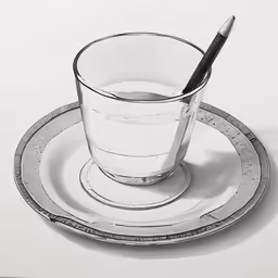 a black and white photo of a glass of water with a spoon