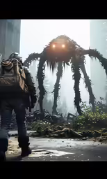 a person is walking towards a giant creature