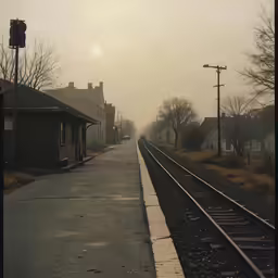 a foggy morning along the railroad tracks