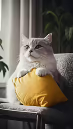 a fluffy white cat laying on top of a pillow