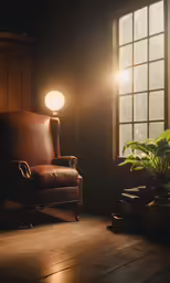 the chair is beside a window with a potted plant