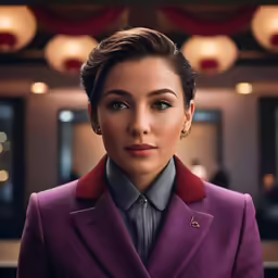 a woman in a purple suit in an office