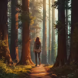 a woman hiking through the forest at sunrise