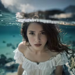 the image shows a beautiful woman underwater wearing white