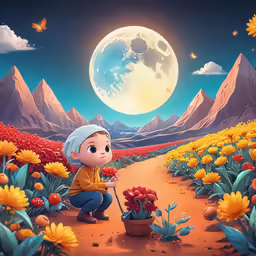 a cartoon is standing in the field with flowers