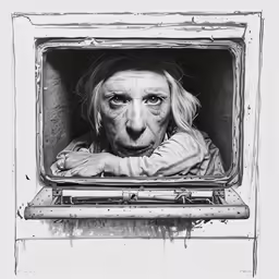 an older woman is seen through the open window