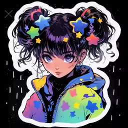 anime girl with colorful stars in her hair and her head in her hands