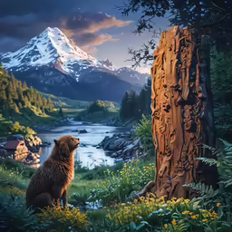 a bear sits beside a large tree and looks at the mountain
