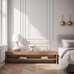 a simple white room with large windows and a low bed