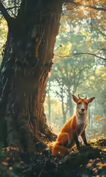 a fox sitting next to a large tree in the forest