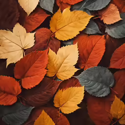 autumn leaves, many colors arranged on brown background