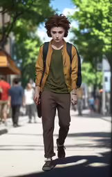 a guy walking down the sidewalk in an animated fashion