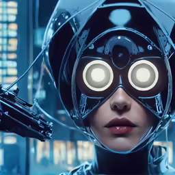 a woman is wearing a futuristic helmet and holding a weapon