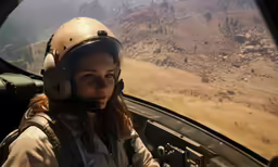 a beautiful young woman in a helicopter cockpit while flying