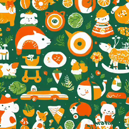 a very cute and colorful print of food and animals,a multi - colored pattern of various animals and objects