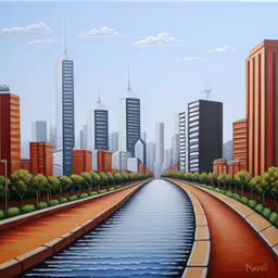a painting of a large city with tall buildings,a picture of the water and city street,this is a painting of a waterway with buildings,a painting depicting an waterway surrounded by tall buildings,the painting shows a river surrounded by buildings
