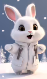 a rabbit wearing a coat and smiling in the snow,the white rabbit is standing on it