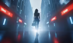 a woman is walking along the street at night