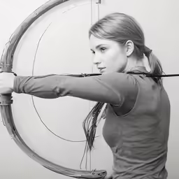 a woman with long hair holding onto a bow while holding an arrow
