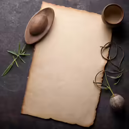 an empty paper with some olive sprigs and a wooden spoon