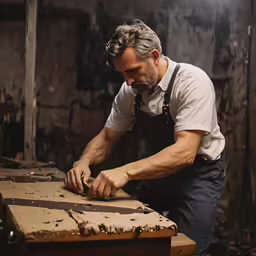 a man is working on an old cabinet in an old building