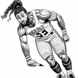 a basketball player with a long hair and beard on his face,an illustration of a man basketball player running,the drawing depicts a man wearing basketball uniform,an ink drawing of a man with dreadlocks,a man with a beard in a jersey running