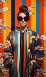 a woman in shades is standing by birds