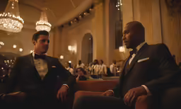 two men dressed in formal clothing are having conversation in the center of a room