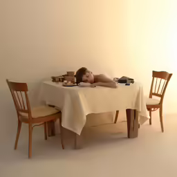 a woman lays her head on top of a table with dishes