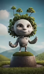 a cartoon character standing on top of a field