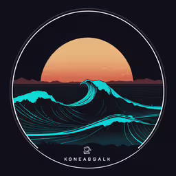 an orange sky over water with a wave in the middle,an illustration of a sunset with a wave crashing in the center