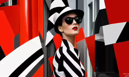 a woman with sunglasses and a striped dress leaning against the wall