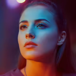 a beautiful young woman with bright blue eyes and make - up