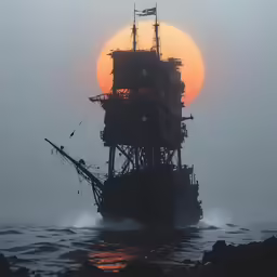 the sun is setting behind a ship on a body of water