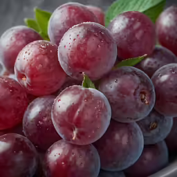 a bowl full of plums and a green leaf