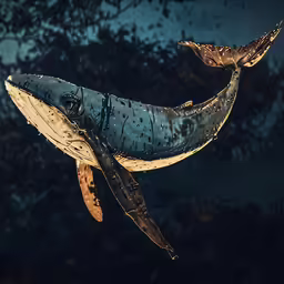 a whale swimming through the air near trees