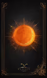 an orange sun in a black background with ornate accents