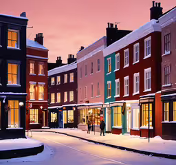 a snowy city street with brightly colored buildings,a winter evening in a city with snow covered streets
