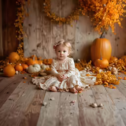 a baby sits on a floor of pumpkins for a photo