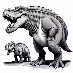 a large dinosaur and smaller dinosaur on the same side,the model of an adult dinosaur standing next to its child
