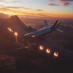 an airplane landing on the runway at dusk