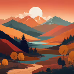a painting of mountains with water and trees,there is a painting on a piece of art
