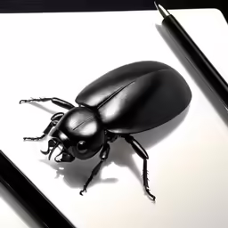 a beetle sitting on top of a notepad next to a pen