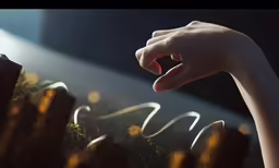 a hand touching something near some grass and fences