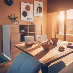 a dinning room with wooden table and chairs