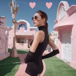 a model in a bodysuit stands on a sidewalk