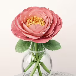 a pink flower sitting inside of a clear glass vase