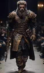 a male in a black costume walking down a runway