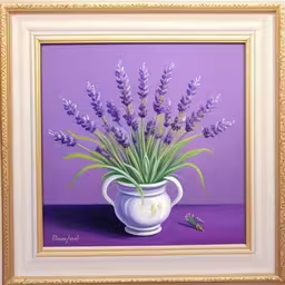 a painting with lavender flowers in a white pot