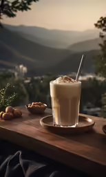 a cup of iced coffee sitting on top of a wooden table
